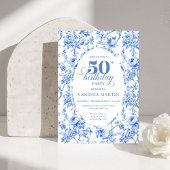 Luxury Navy Blue Toile Roses 50th Birthday Invite Kaart