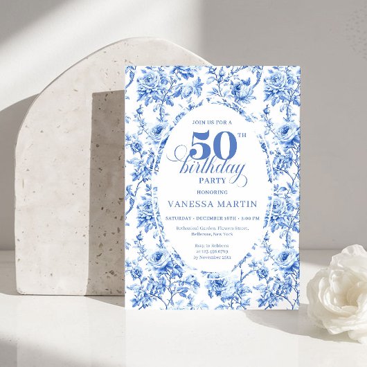 Luxury Navy Blue Toile Roses 50th Birthday Invite Kaart