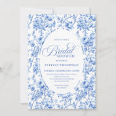 Luxury Navy Blue Toile Roses Bridal Shower Invites Kaart (Voorkant)