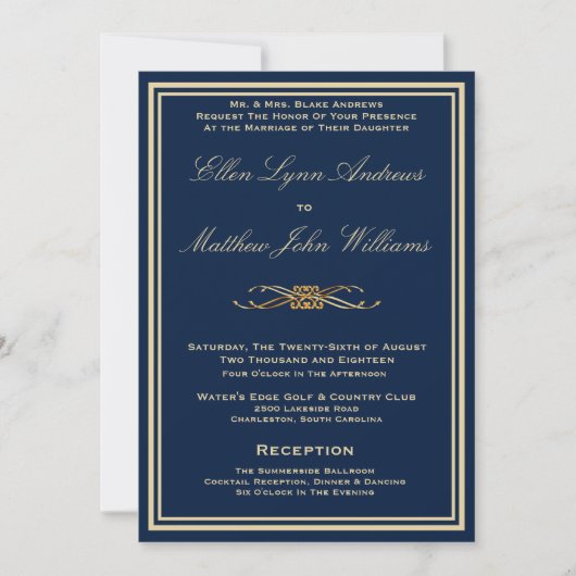 Luxury Navy Blue - Wedding Invitation - Gold Trim Kaart (Voorkant)