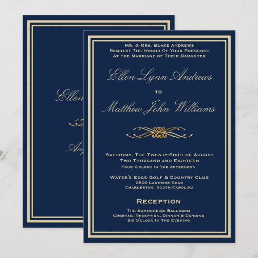 Luxury Navy Blue - Wedding Invitation - Gold Trim Kaart (Voorkant / Achterkant)