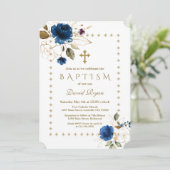 Luxury Navy Floral Gold Glitter Sparkles Baptisme Kaart (Staand voorkant)