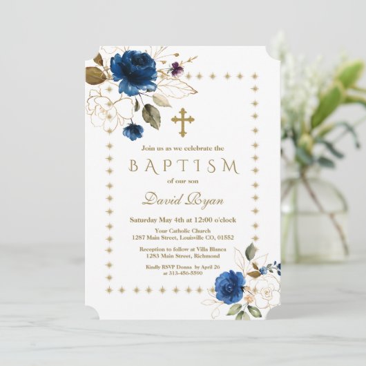 Luxury Navy Floral Gold Glitter Sparkles Baptisme Kaart (Staand voorkant)