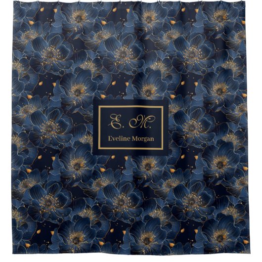 Luxury Navy Gold Floral Pattern Curtain Bathroom Douchegordijn (Voorkant)
