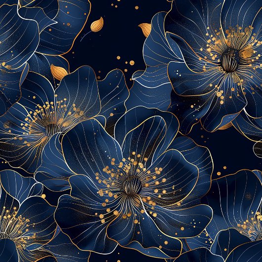 Luxury Navy Gold Floral Pattern Curtain Bathroom Douchegordijn