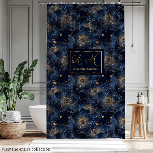 Luxury Navy Gold Floral Pattern Curtain Bathroom Douchegordijn