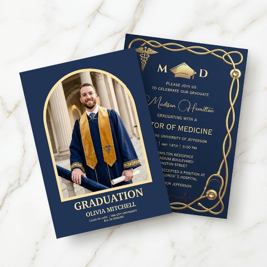 Luxury Navy & Gold Medical Graduation Invitation Kaart