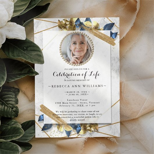 Luxury Navy Gold Photo Celebration of Life Kaart