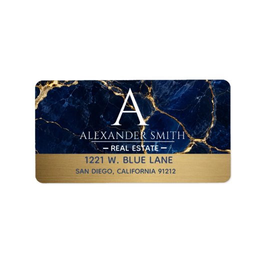 Luxury Navy Marble Gold Monogram Business Branding Etiket (Voorkant)