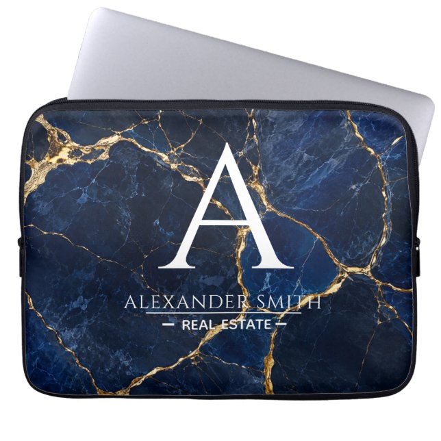 Luxury Navy Marble Gold Monogram Business Branding Laptop Sleeve (Voorkant)