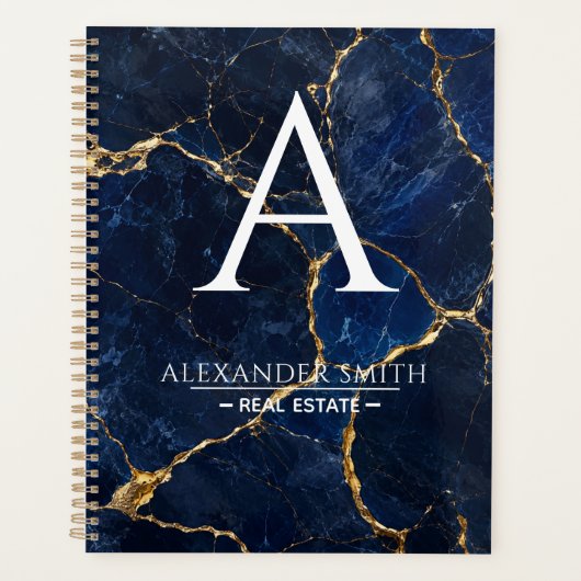 Luxury Navy Marble Gold Monogram Business Branding Planner (Voorkant)