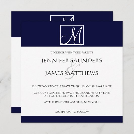 Luxury Navy Monogram Initiaal Weddenschap Kaart (Voorkant / Achterkant)