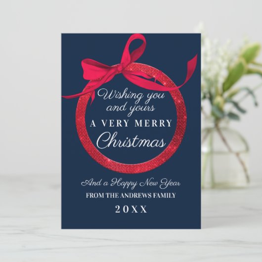 Luxury Navy Red Glitter Bow Ornament Kerstmis Feestdagenkaart (Staand voorkant)