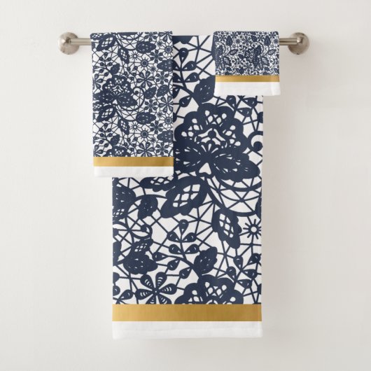 LUXURY NAVY WHITE LACE GOLD BATHROOM TOWEL SET 2 BAD HANDDOEK (Insitu)