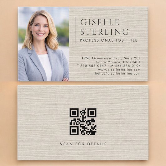 Luxury Neutral Linen Photo QR Code Visitekaartje