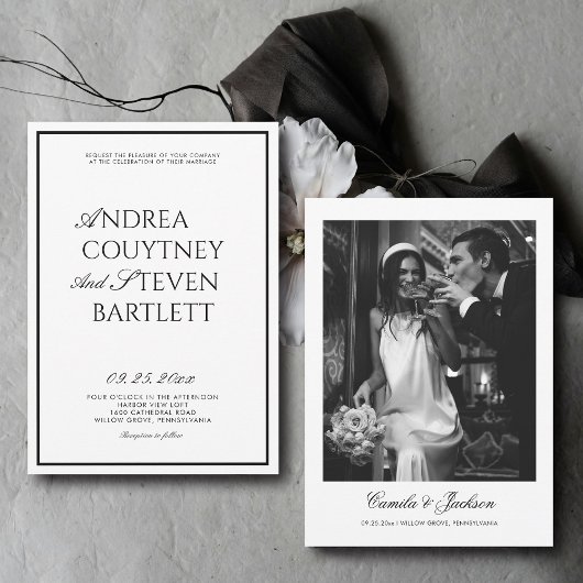 Luxury Old Money Black and White Wedding Kaart