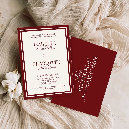 Luxury Old Money Burgundy Timeless Wedding Kaart