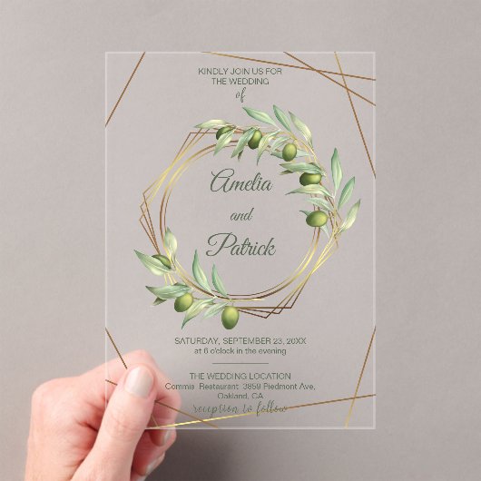Luxury Olive Branch Geometric Gold Wedding Acryl Uitnodigingen (Insitu (Draagbaar))