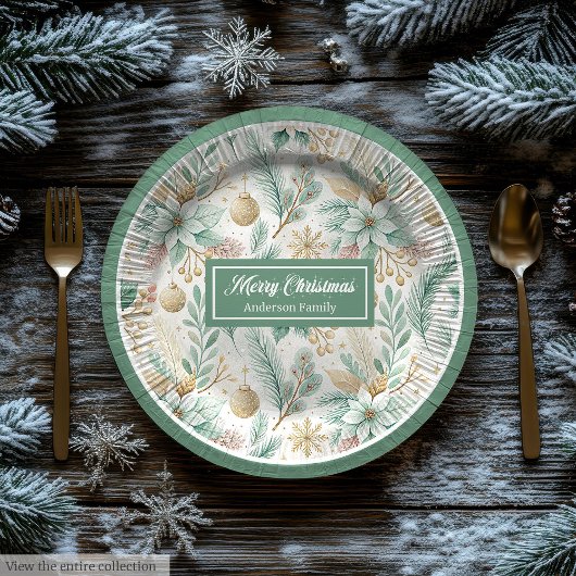 Luxury Paper Plates White Poinsettia Sage and gold Papieren Bordje