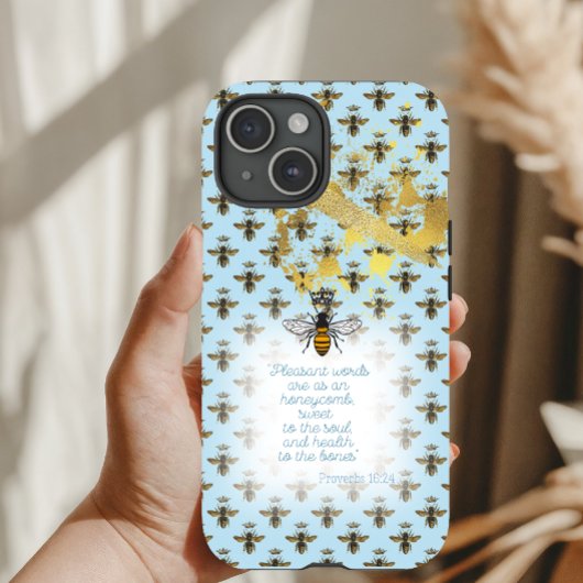 Luxury Pastel Blue Gold Bee Grid Faith Queen Bee Case-Mate iPhone Case