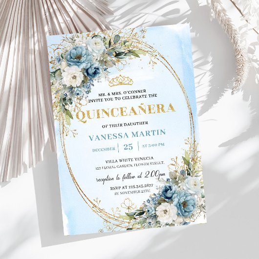 Luxury Pastel Blue Gold Eucalyptus Quince Invites Kaart