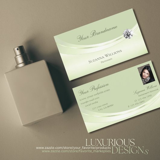 Luxury Pastel Sage Green met foto en diamant Visitekaartje