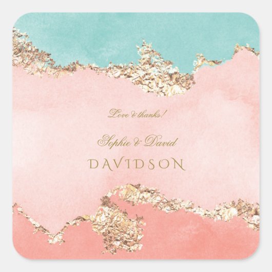 Luxury Pastel Waterverf Gold Foil Wedding Vierkante Sticker (Voorkant)