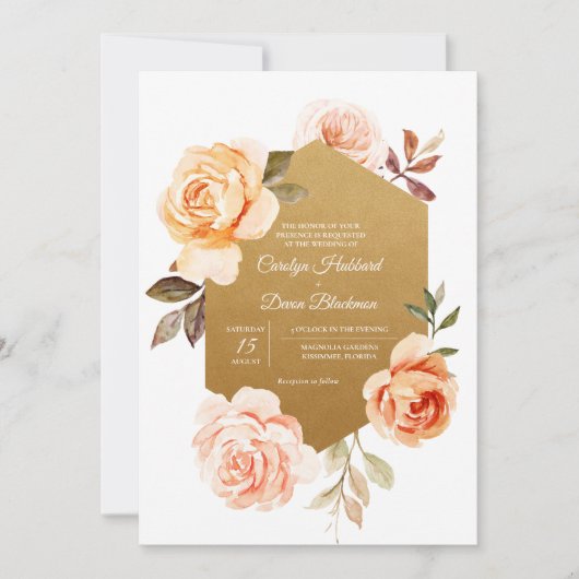 Luxury Peach Summer herfst Gold Floral Wedding Kaart (Voorkant)
