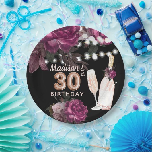 Luxury Personalized 30th Birthday Wine Roos Papieren Bordje (Feest)