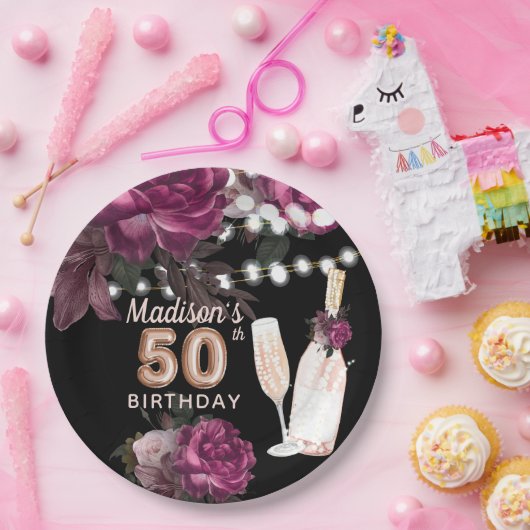Luxury Personalized 50th Birthday Wine Roos Papieren Bordje (Feest)