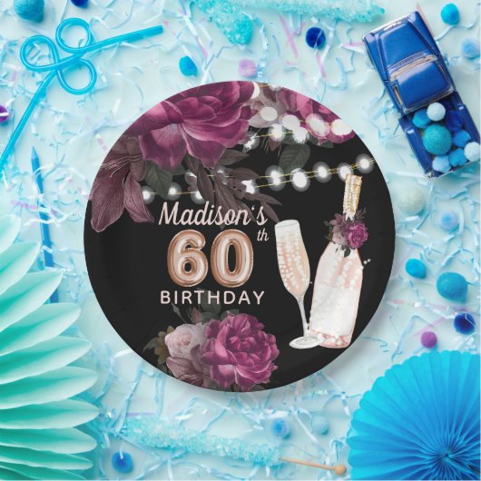 Luxury Personalized 60th Birthday Wine Roos Papieren Bordje (Feest)