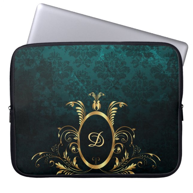 Luxury Personalized Damask Turquoise Laptop Sleeve (Voorkant)