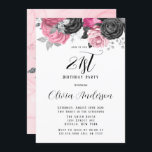 Luxury Pink Black Florals 21st Birthday Party Kaart<br><div class="desc">Je zult deze roze en zwarte waterverf floralen met zilverglitterbladeren afvallen.</div>