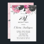 Luxury Pink Black Florals 21st Birthday Party Kaart<br><div class="desc">Je zult deze roze en zwarte waterverf floralen met zilverglitterbladeren afvallen.</div>