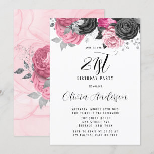 Luxury Pink Black Florals 21st Birthday Party Kaart