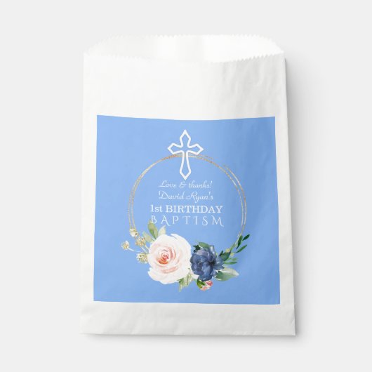 Luxury Pink Blue Floral Boy 1st Birthday & Baptism Bedankzakje (Voorkant)