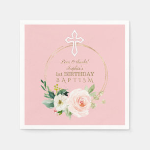 Luxury Pink Blush Floral 1st Birthday en Baptisme Servet