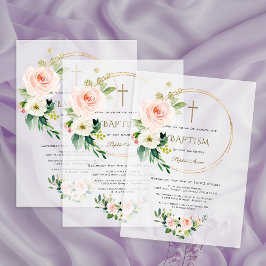 Luxury Pink Blush Floral Gold Cross Baptism Vellum Uitnodigingen