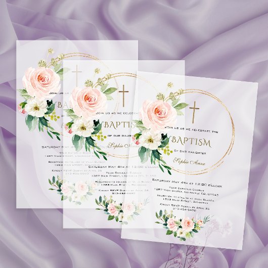 Luxury Pink Blush Floral Gold Cross Baptism Vellum Uitnodigingen