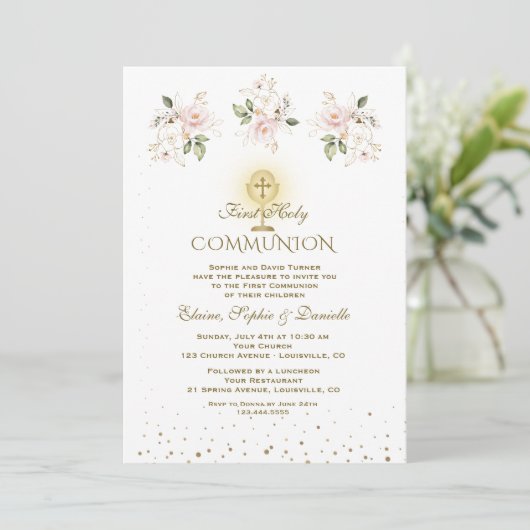 Luxury Pink Blush Floral Triplets Holy Communion Kaart (Staand voorkant)