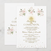 Luxury Pink Blush Floral Triplets Holy Communion Kaart (Voorkant / Achterkant)
