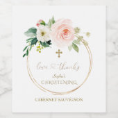 Luxury Pink Blush Floral White Cross Christening Wijn Etiket (Enkel label)