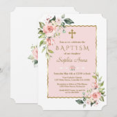 Luxury Pink Blush Flowers Gold Cross-Baptisme Kaart (Voorkant / Achterkant)