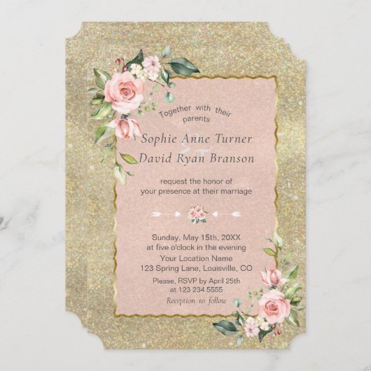 Luxury Pink Blush Flowers Gold Glitter Weddenschap Kaart (Voorkant / Achterkant)