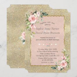Luxury Pink Blush Flowers Gold Glitter Weddenschap Kaart