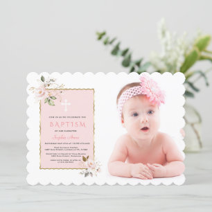 Luxury Pink Blush Gold Floral Photo Girl Baptisme Kaart