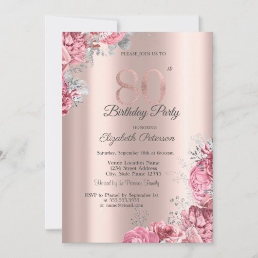 Luxury Pink Floral Rose Gold 80th Birthday Party Kaart (Voorkant)