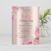Luxury Pink Floral Rose Gold 80th Birthday Party Kaart (Staand voorkant)