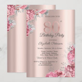 Luxury Pink Floral Rose Gold 80th Birthday Party Kaart (Voorkant / Achterkant)