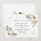 Luxury Pink Flowers Gold Lijst Confetti Wedding Save The Date (Voorkant / Achterkant)